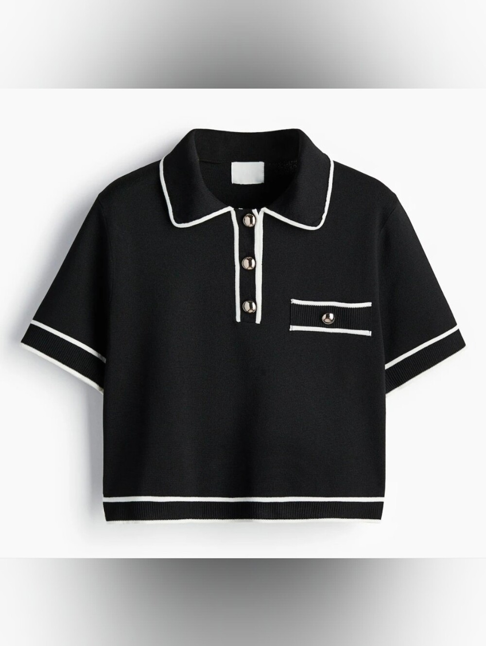 NWOT H&M Black Knit Polo Top with White Trim & Silver Buttons Sz M